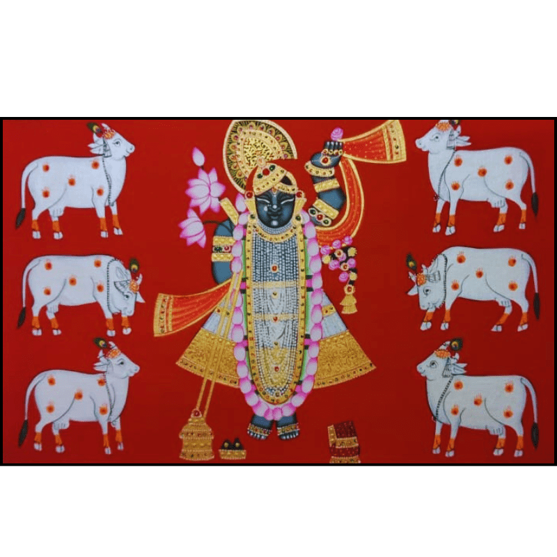 Shrinathji Pichwai Painting with Cows – Traditional Handmade Artwork on Red Background